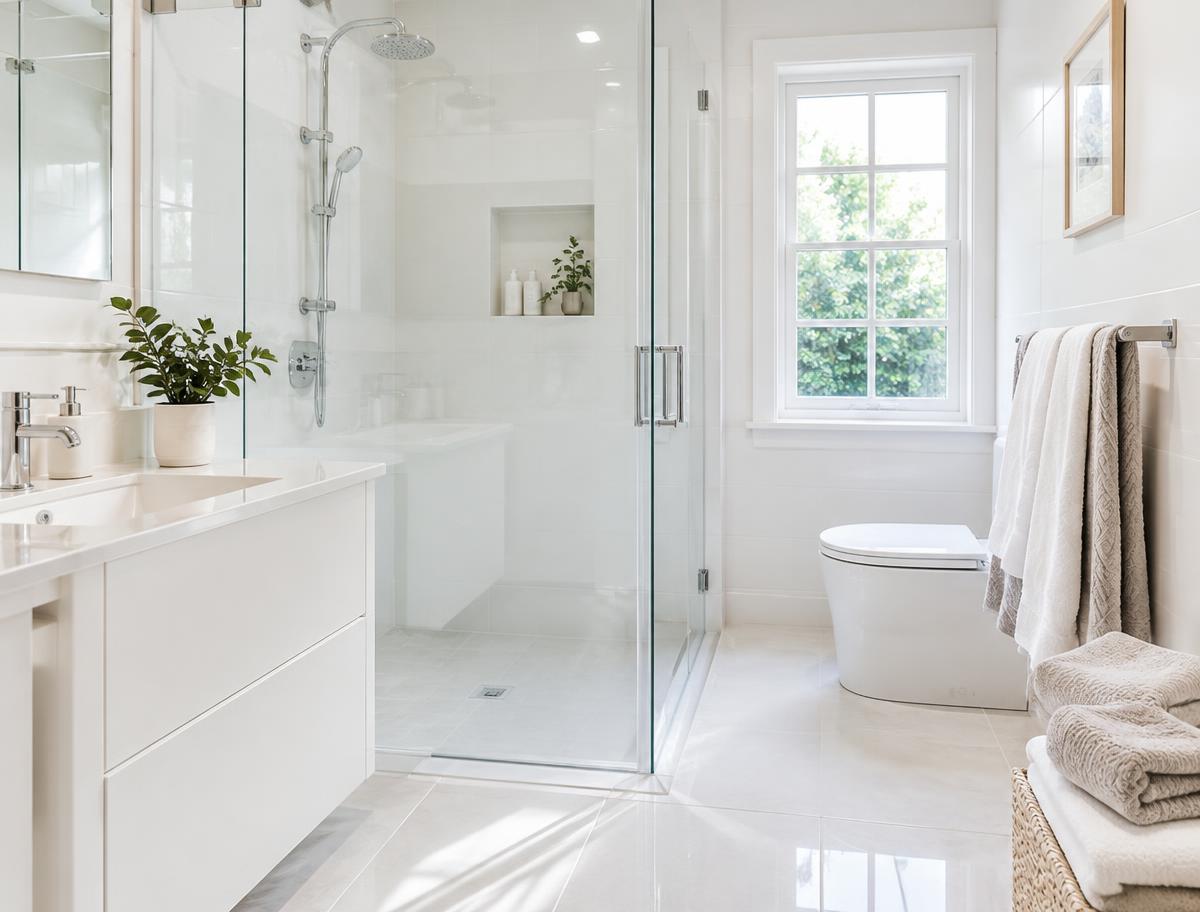 Bright bathroom with clean tiles and glass shower — representative cleaning imagery