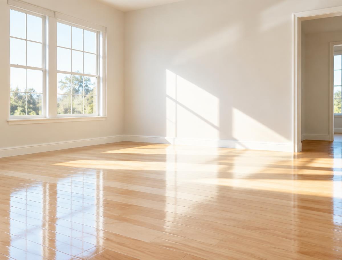 Freshly cleaned wood floor in a bright room — representative cleaning imagery