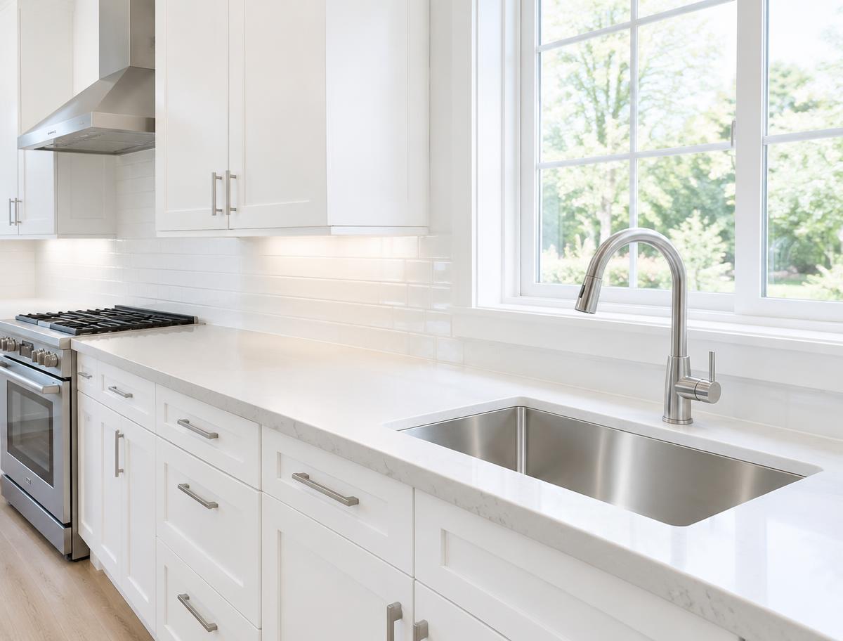 Clean, uncluttered kitchen counter and sink — representative cleaning imagery